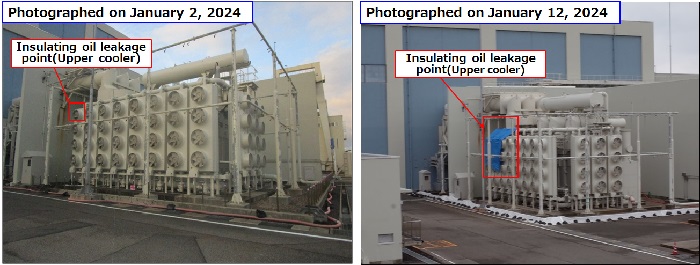 ２号機 主変圧器（1/1地震による油漏れを受け、停止中）