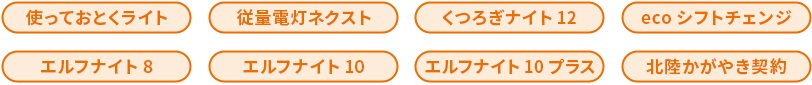 使っておとくライト・従量電灯ネクス・くつろぎナイト１２・ecoシフトチェンジ・エルフナイト８・エルフナイト１０・エルフナイト１０プラス・北陸かがやき契約